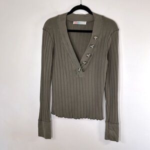 Free People Beach Henley Style Ribbed 100% Cotton Women’s Size L Army Green Top